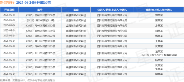 策略资本 新网银行作为原告/上诉人的11起涉及金融借款合同纠纷的诉讼将于2025年6月24日开庭